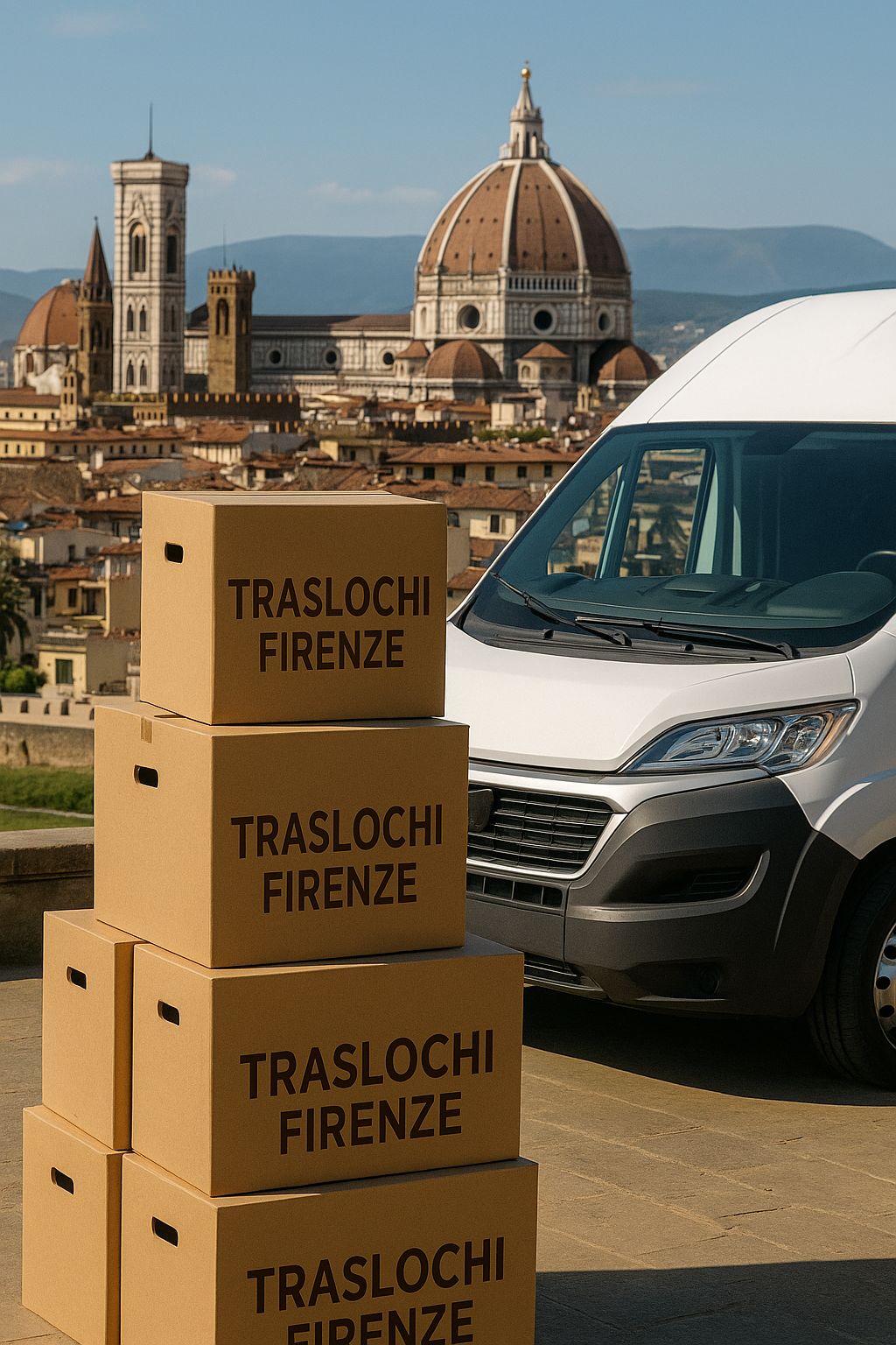 Traslochi a Firenze con scatoloni e Duomo sullo sfondo