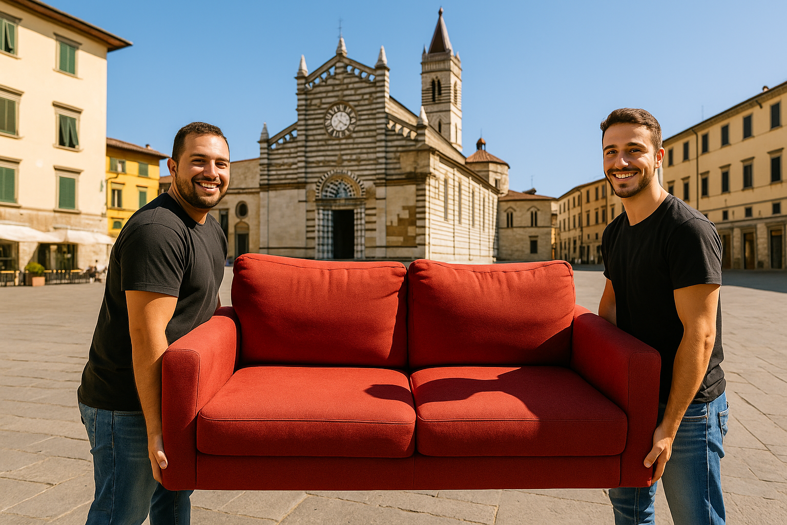 Due uomini italiani sorridenti trasportano un divano rosso nel centro di Prato